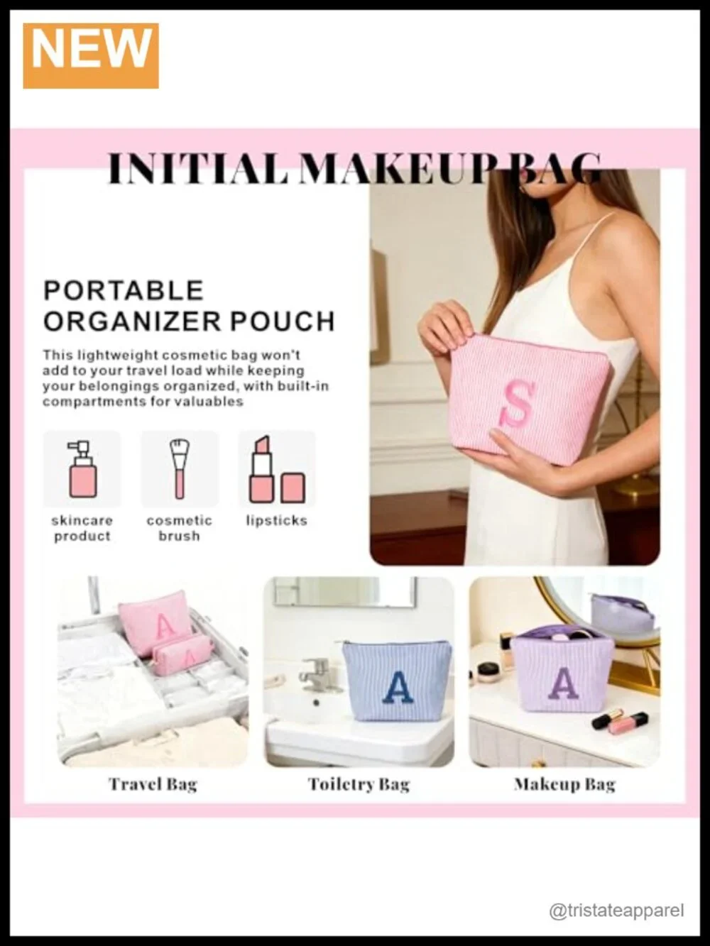 Seersucker Toiletry Makeup Bag Set with Embroidered Initial, Travel Cosmetic